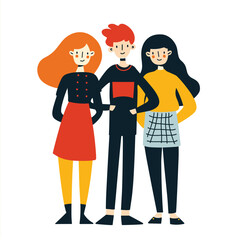 Young adults diverse group friends standing smiling different skin tones having fun casual clothing cartoon style isolated white background. Redhead woman black shirt yellow pants long hair man