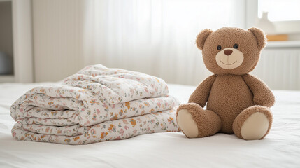 A brown teddy bear sits on a white bed, next to a pile of baby blankets decorated with a floral pattern.