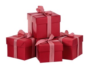 A stack of beautifully wrapped red gift boxes with bows, isolated on a white or transparent background