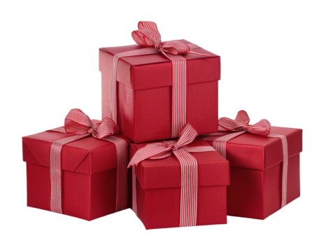 A stack of beautifully wrapped red gift boxes with bows, isolated on a white or transparent background