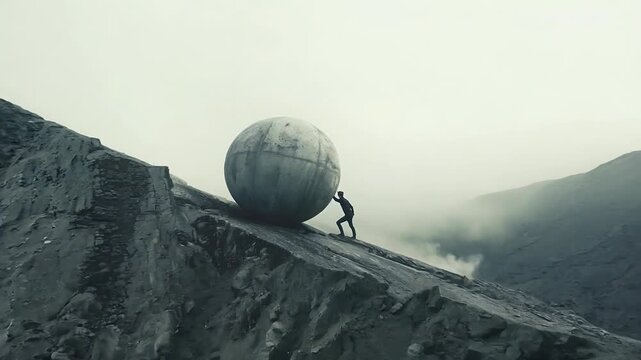 Man pushing large sphere uphill in foggy landscape