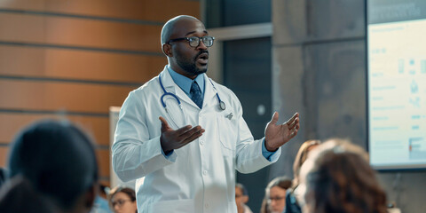 A doctor gives a presentation to a group of people, likely in a medical setting.. african man