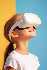 Young girl enjoys virtual reality adventure against bright colorful background