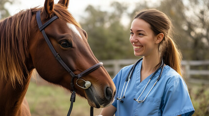 Obraz premium On a farmstead, a veterinarian in blue scrubs smiles as he examines a brown horse.