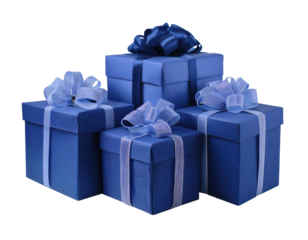 A collection of elegant blue gift boxes adorned with ribbons and bows, perfect for any celebratory occasion.