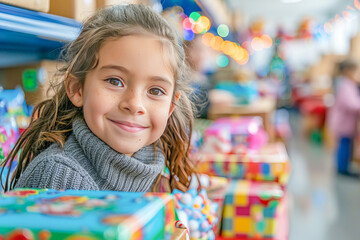 Young girl smiling while sorting christmas presents for a charity organization