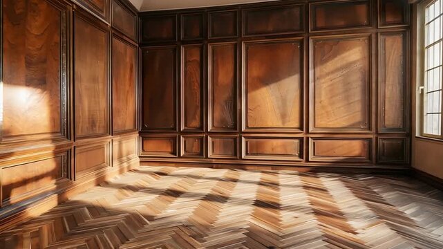 Elegant wooden paneling in classic interior design with herringbone flooring