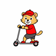 lion cub on a trick scooter in a red t shirt and vector illustration