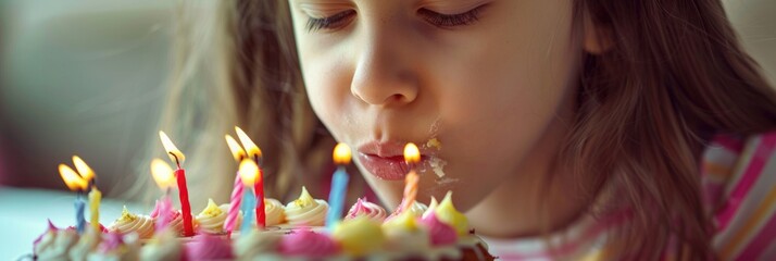 Young girl blowing out candles on a birthday cake and celebrating her special day