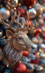 Obraz premium Glistening golden reindeer decoration among festive ornaments, capturing the spirit of holiday cheer and seasonal celebration.