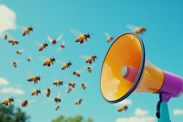 A colorful megaphone with bees flying around it, and honeybees fly towards the magnifying speaker.