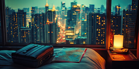 City Break Journey: A solo traveler enjoying a view of a bustling city skyline from their hotel window, with a suitcase on the bed and a tourist map on the nightstand.