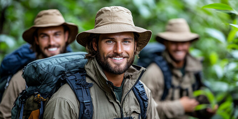 Fototapeta premium Happy footsteps backpacking travelers take a trip