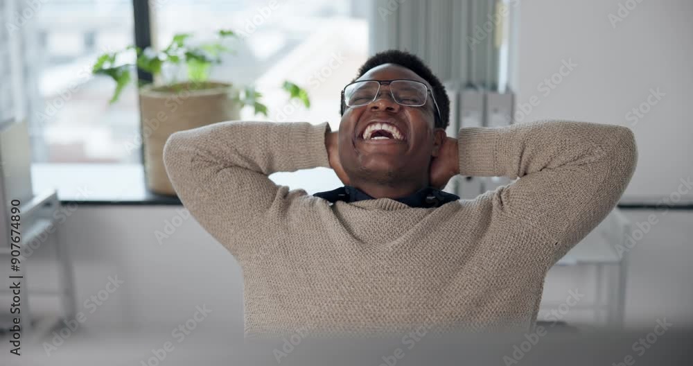 Poster computer, stretching and black man with glasses, office and copywriting with creativity and online. 