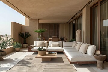Fototapeta premium Terrace in an apartment in desert modern style with sandy tones , created by ai