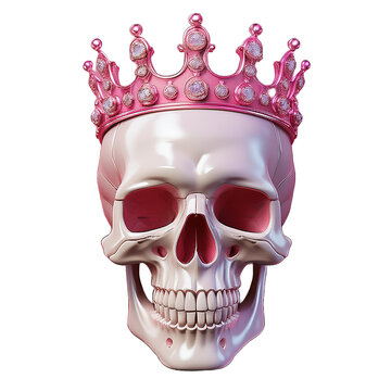 pink skull with crown isolated on transparent png.