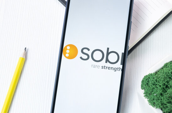 New York, USA - 1 August 2024: Swedish Orphan Biovitrum sobi Logo on Phone Screen, Company Icon on Display