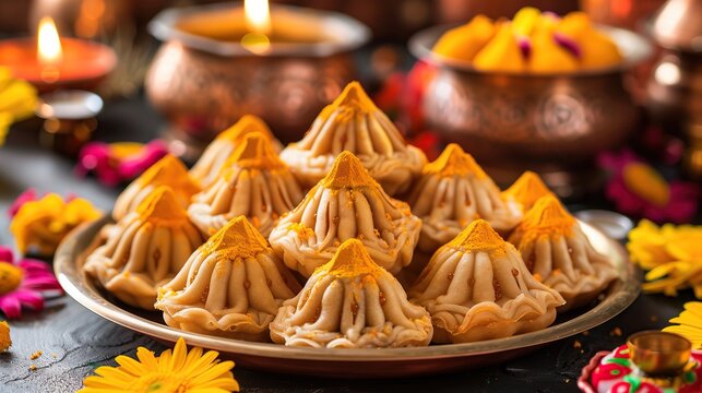 modak hindu sweet plate intricately cone shaped sweets garnished with silver leaf traditional festive decorations cultural celebratory