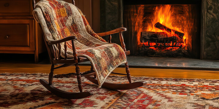 Traditional Comforts: An antique rocking chair, a knitted blanket, and an heirloom quilt rest on a soft throw rug in front of a fireplace
