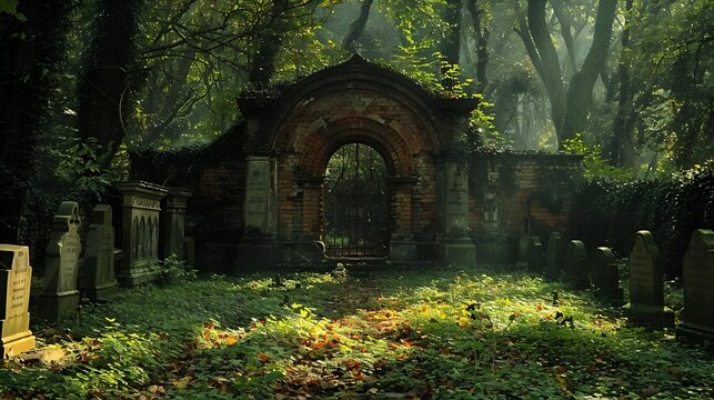 a stone archway in a forest.

