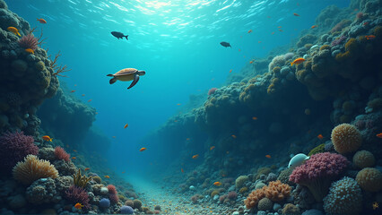 Tranquil Depths: Sea Turtle Swimming in a Colorful Coral Reef