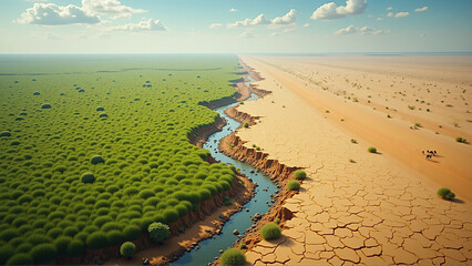 Nature's Edge: Dramatic Transition from Lush Greenery to Arid Desert