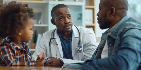 Obraz premium A doctor in a white coat sits with a young child and their parent and discusses the child's health.