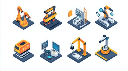 Obraz premium Isometric Robotics Factory Collection Showing Automated Manufacturing Systems And Industrial Robot Technology