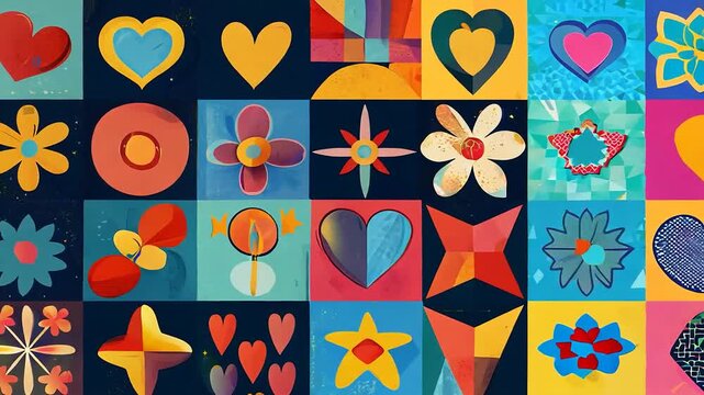 Colorful mosaic of hearts flowers pattern