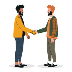 Fototapeta premium Two men shaking hands, one curly hair beard wearing yellow jacket, straight hair beard wearing plaid shirt orange tshirt. Positive friendly meeting, business agreement, casual modern clothing