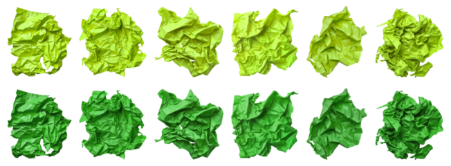 Collection set of dark light green lime crumple wrinkle crushed scrunch irregular shape paper on transparent background cutout, PNG file. Many different design. Mockup template artwork graphic