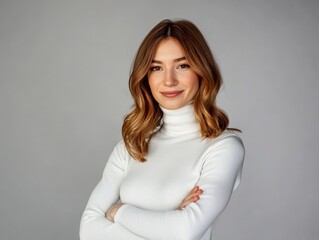 Studio portrait of a young happy woman looking to the camera, light grey background, wearing a turtle neck