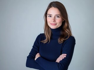 Studio portrait of a young happy woman looking to the camera, light grey background, wearing a turtle neck