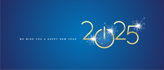 We wish you a Happy New Year 2025 eve golden shining rounded 3d typography sparkle firework blue background banner with turn on start button.ai