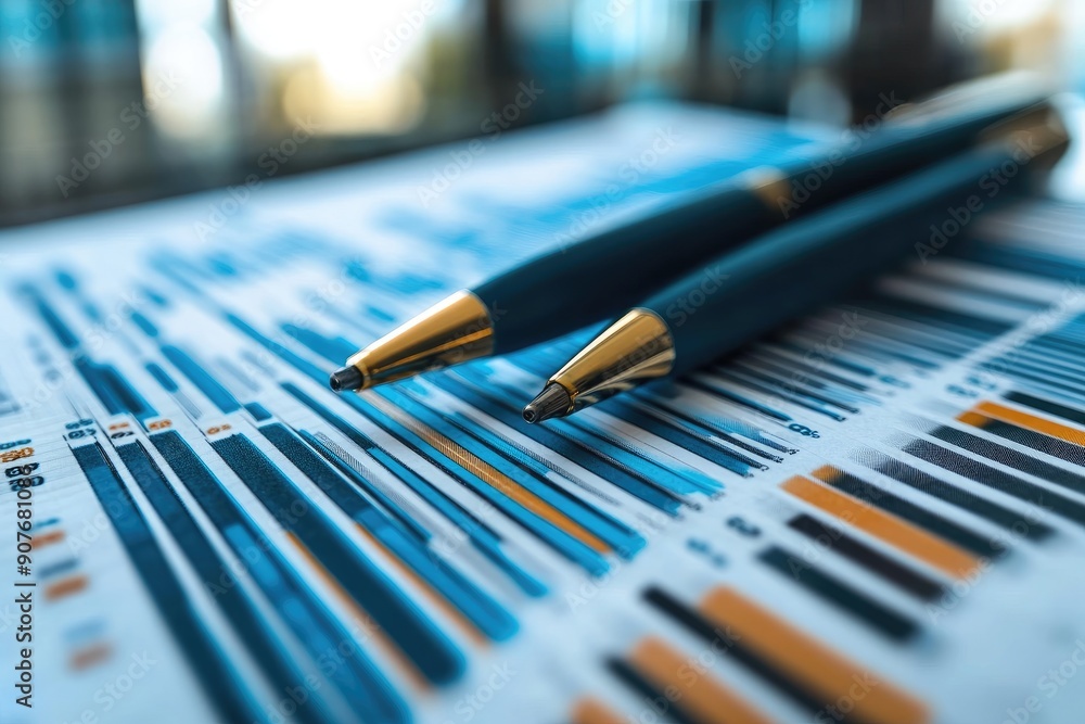 Poster Two pens resting on paper with graphs showing business data