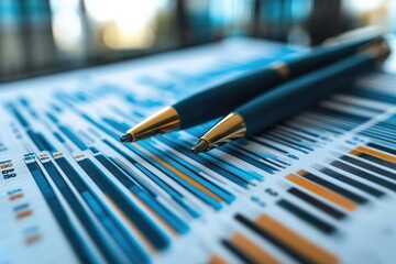Fototapeta premium Two pens resting on paper with graphs showing business data