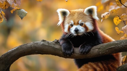 Fototapeta premium Red panda relaxing on a branch in an autumnal forest
