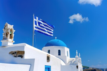 Naklejka premium Greek flag waving over traditional white church with blue dome in greece