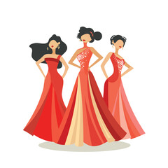 Three women dressed elegant red gowns stand confidently, different hairstyles wear matching accessories, background plain white, highlighting their vibrant dresses