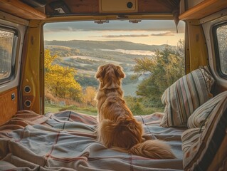 A serene view from a van showcasing a dog gazing at a breathtaking sunrise over a scenic landscape.