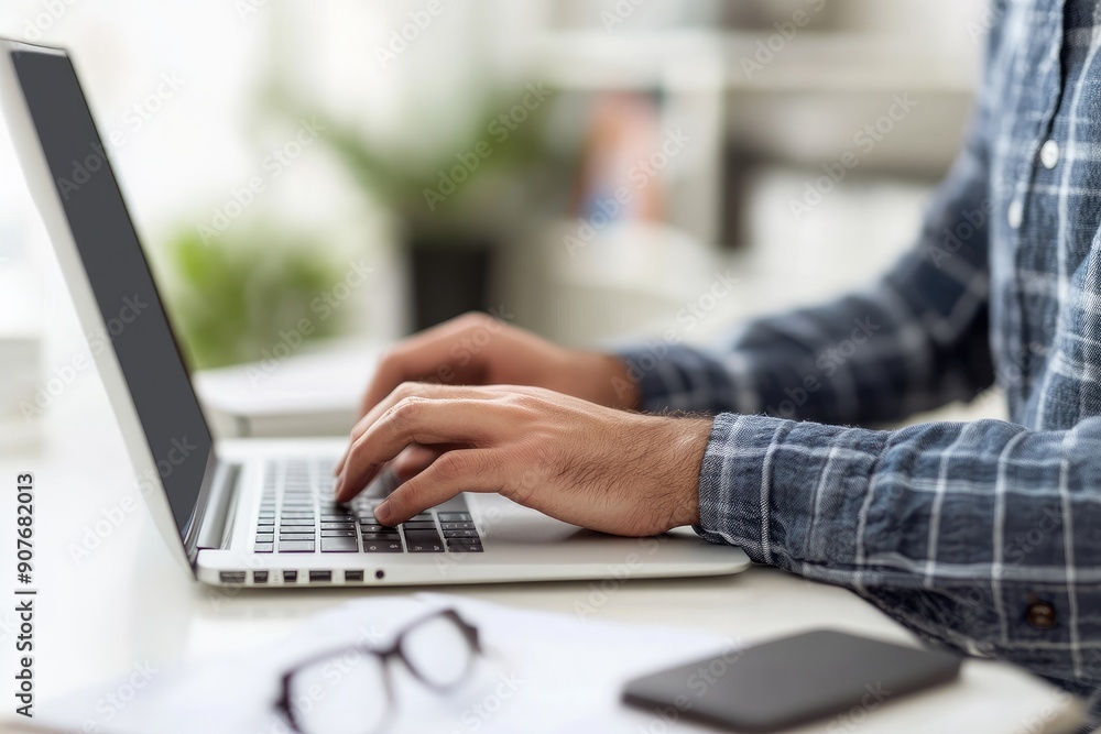 Poster office worker typing on laptop keyboard at desk