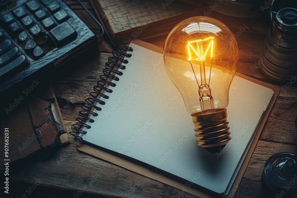 Wall mural glowing lightbulb floating over a notebook suggesting new ideas