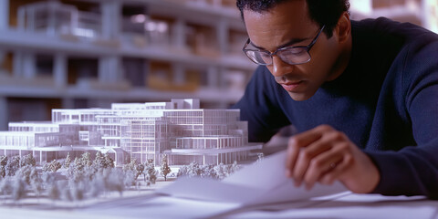 Blueprint Balance: An architect meticulously comparing plans against a large-scale model of a building