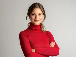 Studio portrait of a young happy woman looking to the camera, light grey background, wearing a turtle neck