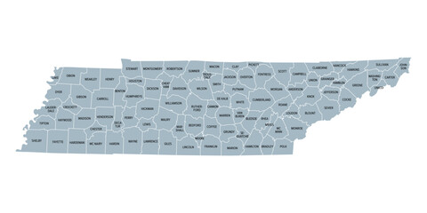 Tennessee, subdivided into 95 counties, gray political map with borders and county names. Landlocked state in the Southeastern region of the United States, nicknamed The Volunteer State. Illustration