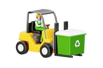 Forklift Holding Trash Box 3D Illustration. Forklift Carrying Recycling Trash Box 3D Illustration