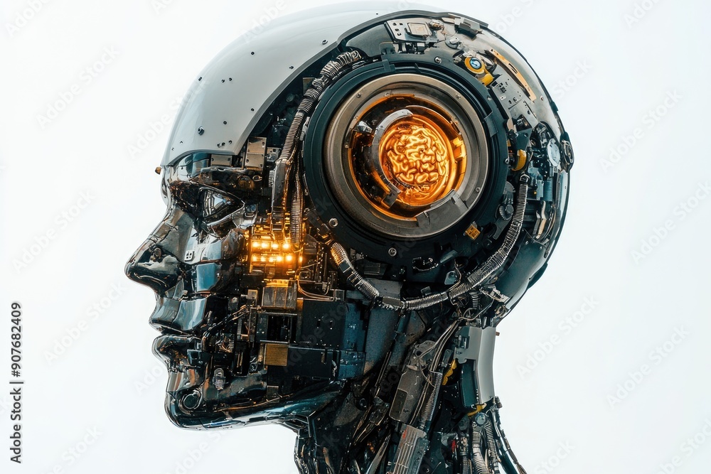 Poster artificial intelligence is showing its complex brain exposed on white background