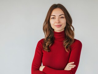 Studio portrait of a young happy woman looking to the camera, light grey background, wearing a turtle neck