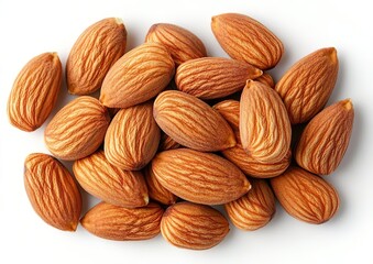 Fototapeta premium Raw Natural Organic Almonds Nuts Scattered Isolated on White Background Top View Healthy Food for Life Natural Light 