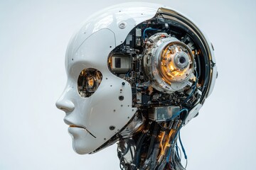 Fototapeta premium Advanced humanoid robot woman looking forward to the future